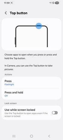 Settings screen for Samsung Galaxy XCover 7 Pro's Top button functionality.