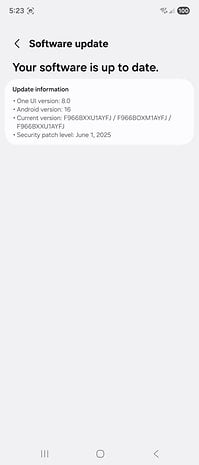 Samsung Galaxy Z Fold 7 software update screen showing One UI version 8.0 and Android version 16.