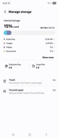 Samsung Galaxy Z Fold 7 storage management screenshot showing 15% used of 256 GB.