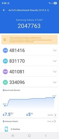 AnTuTu Benchmark results for Samsung Galaxy Z Fold 7: total score 2047763, CPU 481416, GPU 831170, MEM 401081, UX 334096.