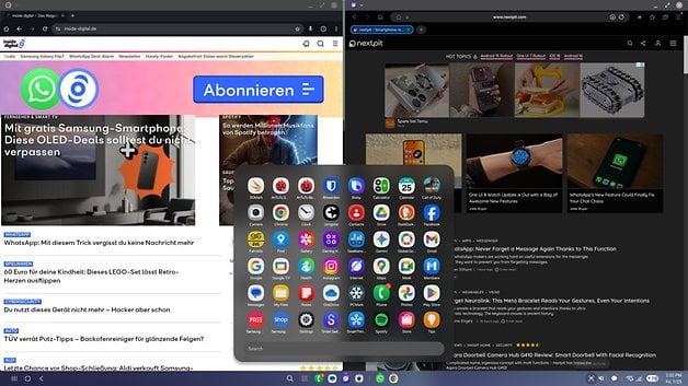 Screenshots of Samsung Galaxy Z Fold 7 in DeX Mode displaying app drawer and two websites.