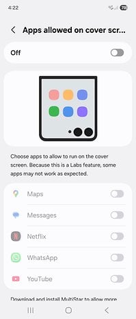 Samsung Galaxy Z Flip 7 Einstellungen für erlaubte Apps auf dem Cover-Bildschirm mit Optionen für Karten, Nachrichten, Netflix, WhatsApp, YouTube.
