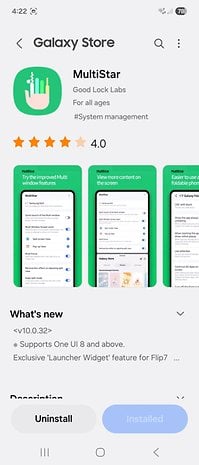 Samsung Galaxy Store-Schnittstelle, die die MultiStar-App von Good Lock Labs mit 4,0 Sternen anzeigt.