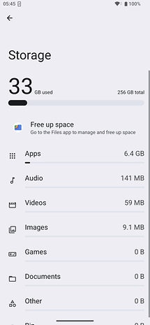 Storage settings showing 33 GB used of 256 GB total on a Sony Xperia 1 VII.
