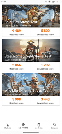 Benchmark results for Sony Xperia 1 VII: Solar Bay, Steel Nomad Light, and Wild Life Extreme stress tests.
