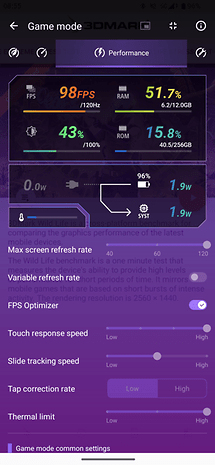 Game Enhancer app options on Sony Xperia 1 VII showing performance metrics and adjustable settings.
