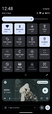 Quick settings menu on a Sony Xperia 1 VII showing various toggles and options.