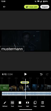 Screenshot of the Sony Xperia 1 VII Video Creator app, showing a video timeline and the text 'mustermann'.