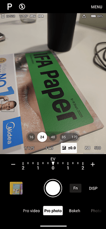 Sony Xperia 1 VII Pro Mode camera app screenshot showing settings and a green 'IFA Paper' card.