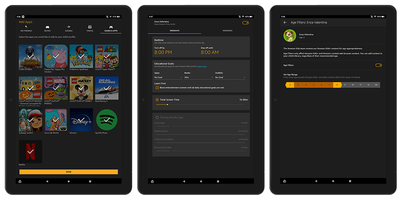 Screenshots displaying the parental controls on Fire OS