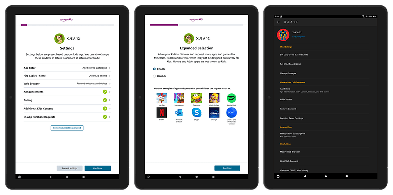 Screenshots, die die Kindersicherung unter Fire OS zeigen