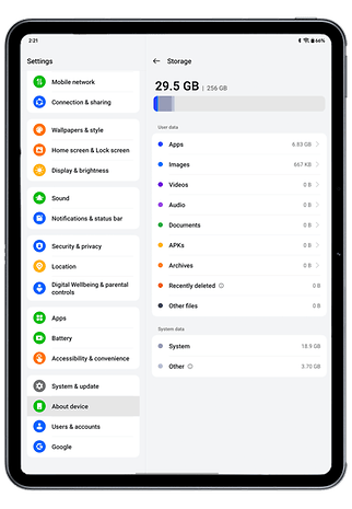 captures d'écran du OnePlus Pad 2 montrant les paramètres de stockage.