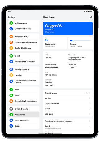 OnePlus Pad 2 screenshots from the system settings.