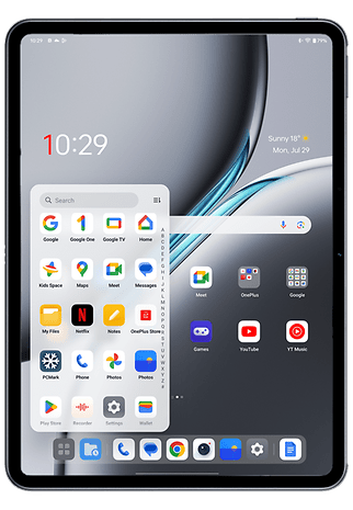 OnePlus Pad 2 screenshots from the home screen with the mini app drawer opened.