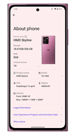 HMD Skyline screenshot from the about device Settings page.