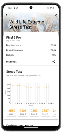 Screenshot des Benchmark-Tests mit dem Pixel 9 Pro