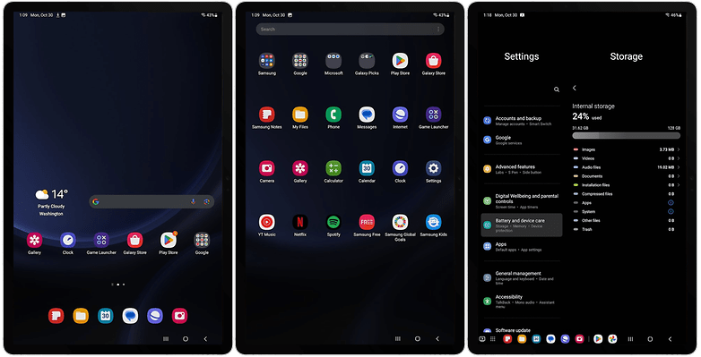Screenshots from the Galaxy Tab S9 FE interface and settings