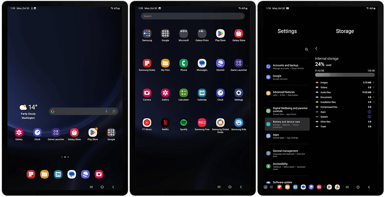 Screenshots from the Galaxy Tab S9 FE interface and settings