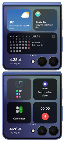 Samsung Galaxy Z Flip 7-Oberfläche mit Widgets für Wetter, Kalender, Gesundheit, Alarm und Taschenrechner.