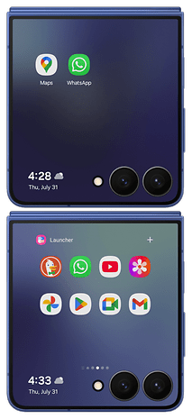 Samsung Galaxy Z Flip 7-Oberfläche mit Apps wie Maps, WhatsApp und Launcher.