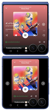 Zwei Samsung Galaxy Z Flip 7-Oberflächen, die die Spotify-App mit der Playlist Release Radar anzeigen.