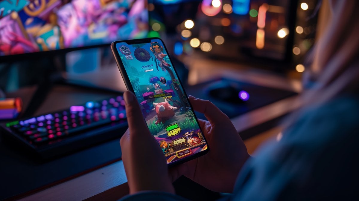 Une personne tenant un smartphone, jouant à un jeu mobile coloré avec des graphiques vibrants.