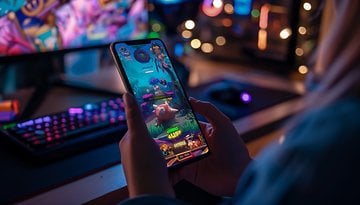 Mobile game on a smartphone screen with gaming room setting (AI generated)