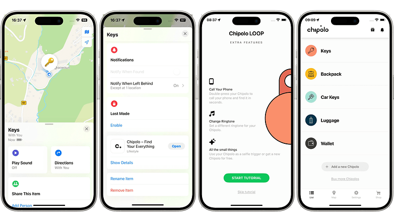 Screenshots of the Chipolo item tracker app showing location, notifications, and features. Screenshots of the Chipolo item tracker app showing location, notifications, and features.