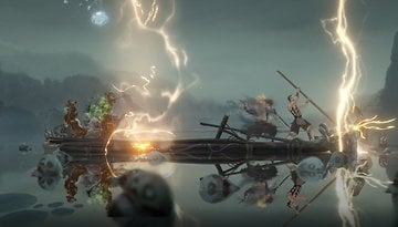 A boat in a dark, stormy environment with a figure fighting against ghostly creatures.