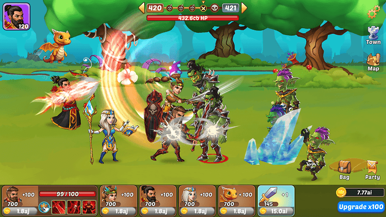 RPG game screenshot with characters battling enemies in a colorful landscape.