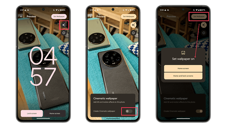 Screenshots showing how to use the Cinematic Wallpapers feature on Android