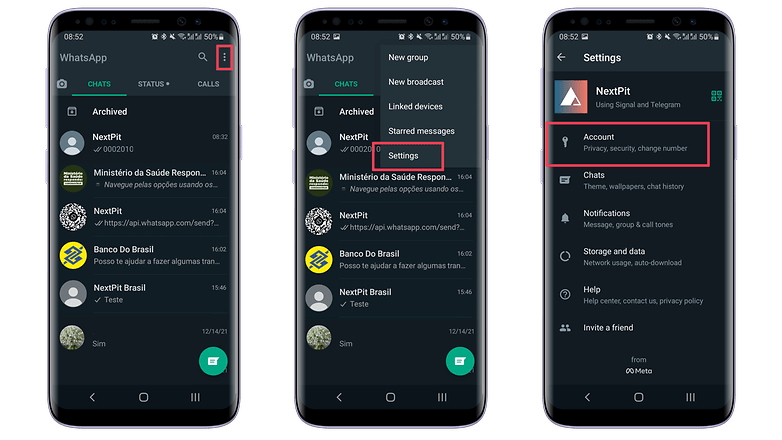 Screenshots showing the steps to delete a WhatsApp account