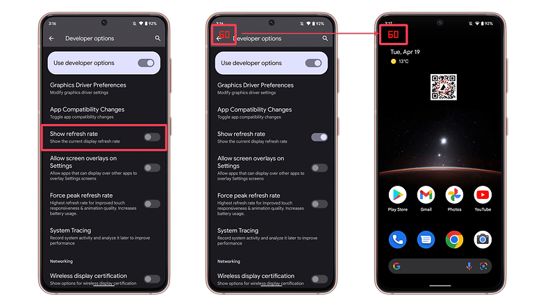 Display refresh rate in Android's Developer options