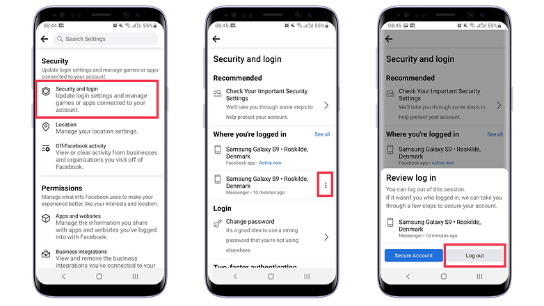 Screenshots showing the steps to log out of the Facebook Messenger app