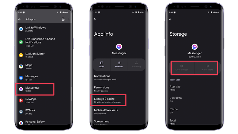 Screenshots showing the steps to log out of the Facebook Messenger app Screenshots showing the steps to log out of the Facebook Messenger app