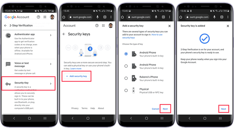 Screenshots on how to use a smartphone as a Google security key.