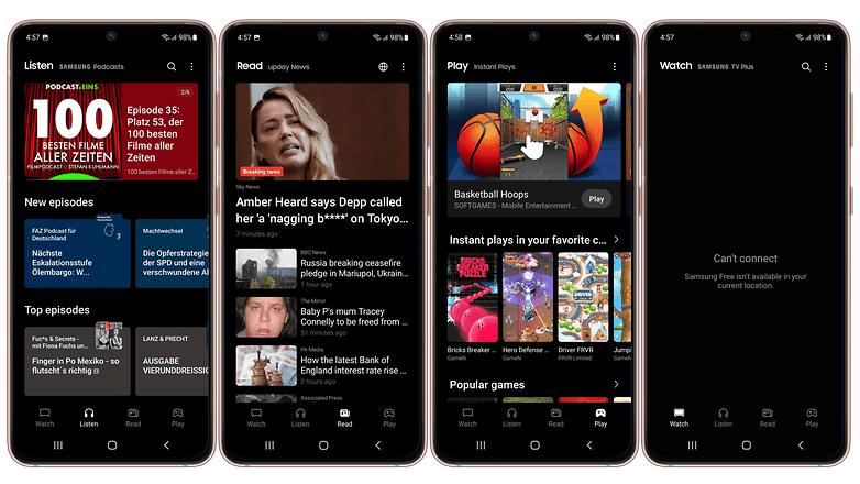 Samsung Free interfész lapok: Hallgatás, Olvasás, Lejátszás és Nézés