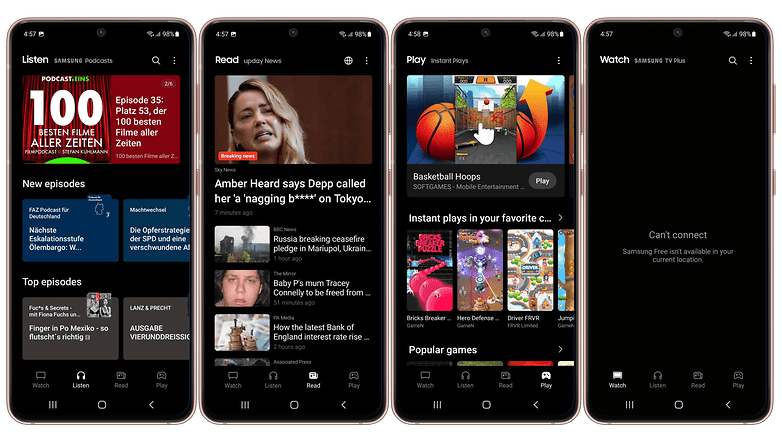 Samsung Free interface tabs: Listen, Read, Play, and Watch