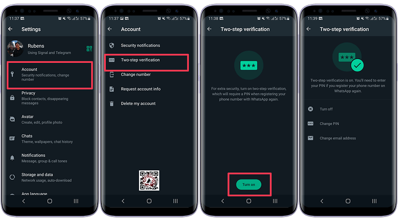 WhatsApp two-step verification screenshots