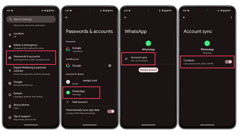Screenshots showing how to force a contact sync with WhatsApp