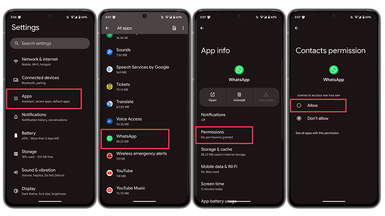 Steps to allow WhatsApp to access the phone's contacts