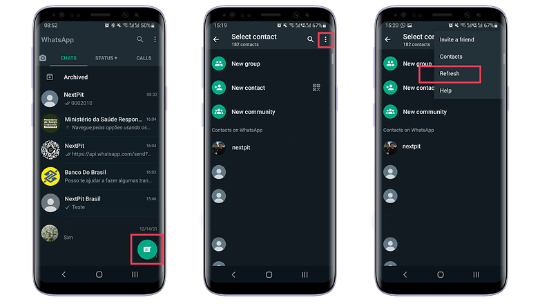 Screenshots displaying how to refresh WhatsApp's contact list