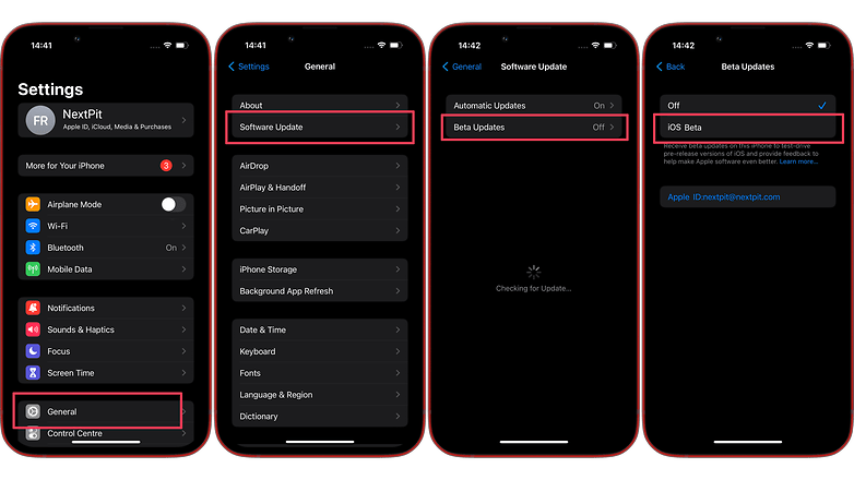Screenshots, die die Schritte zur Installation einer iOS-Beta-Version zeigen.