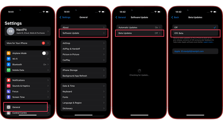 Screenshots showing the steps to install an iOS beta version