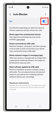 Screenshots showing how to activate the One UI Auto Block feature.