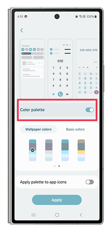 One UI screenshots showing how to customize the interface color palette.