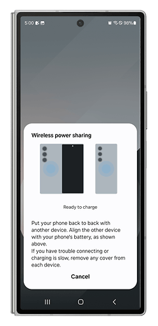 One UI screenshots showing how to charge other devices wirelessly.