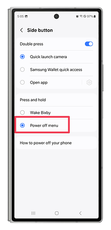 One UI screenshots showing how to change the behaviour of the Power button.