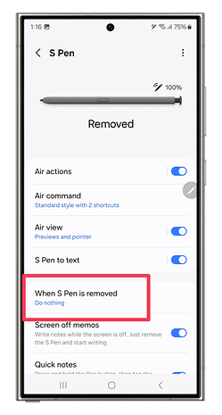 Screenshots showing how to set S Pen shortcuts