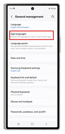 One UI screenshots showing how to set language settings for specific apps.